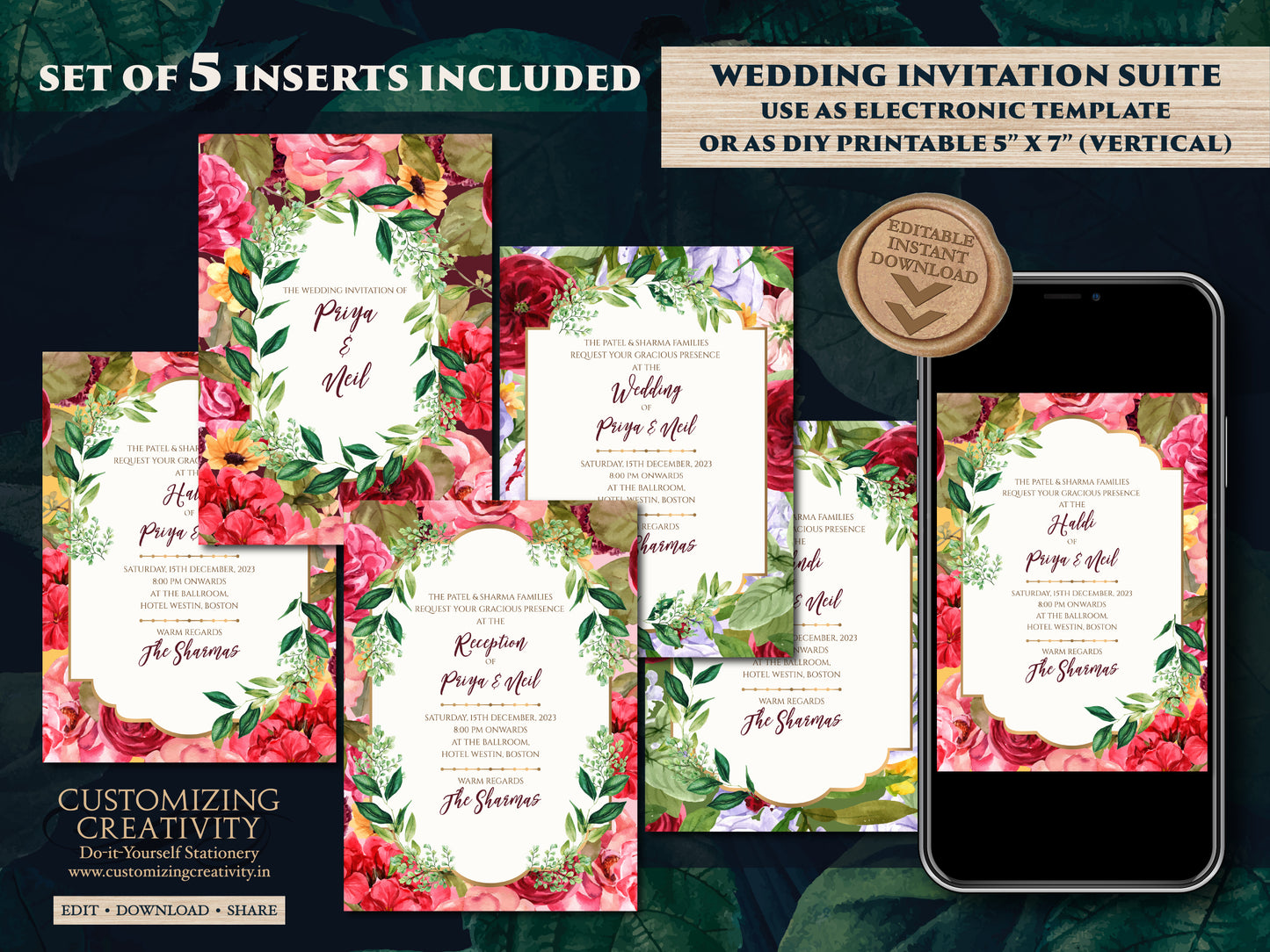 Digital Indian Wedding invites Floral, Indian invites & Indian Invitations Digital, Hindu Wedding invitations as Indian Wedding cards Hindu