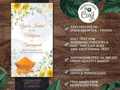 Maiyyan invites as Haldi invitations, Pithi Invites, Haldi ceremony invitations Electronic Vatna ceremony & Digital Haldi invite Maiyan card