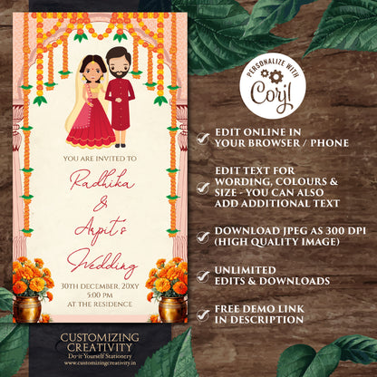 Indian Wedding invitation & Hindu wedding invite, Digital Indian Wedding invite Hindu Wedding card, Hindu invitation as Indian wedding cards