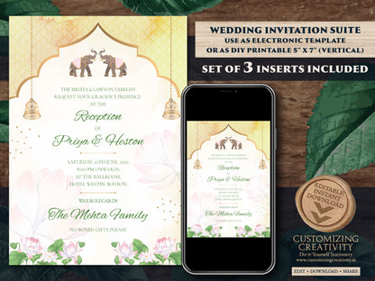 Pastel Invitation for Indian Wedding, Indian Elephant Invitation Template Download for Pastel Wedding in Blush Pink with Elephants & Lotus