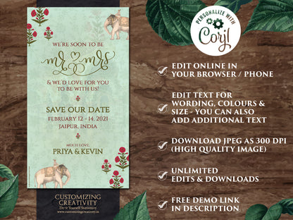 Elephant Save the date as Indian Save the Date Mint green, Pastel Save the date Royal Elephant & Indian Digital Save the Date Indian Wedding