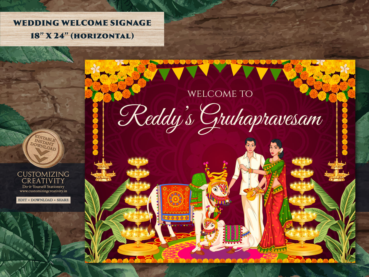 Housewarming board as Telugu Housewarming sign, Gruha Pravesham sign as Gruhapravesam sign, Indian Housewarming banner & Housewarming poster