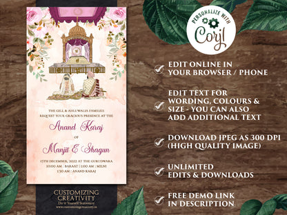 Anand Karaj invites & Sikh invites, Punjabi invitations as Punjabi Wedding card, Sikh invitation, Sikh Wedding cards as Sikh wedding invites
