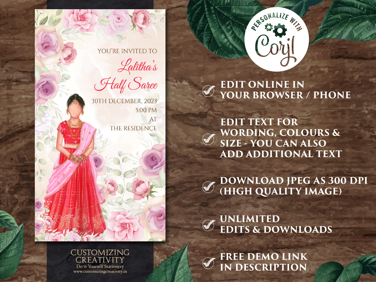 Half saree invitations as Half saree cards, Half Saree invite & Half Sari invitations, Half sari ceremony cards as Indian Half sari invites