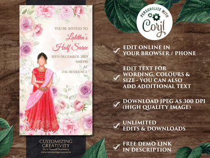 Half saree invitations as Half saree cards, Half Saree invite & Half Sari invitations, Half sari ceremony cards as Indian Half sari invites