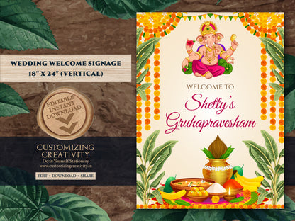 Indian Pooja sign & Ganesh puja sign, Gruhapravesam poster as Grihapravesh sign, Gruhapravesham sign as Indian Housewarming welcome sign
