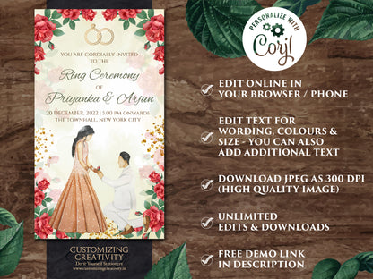 Indian Engagement invites & Digital Roka invite, Ring Ceremony invitation as Engagement invitation, Ring Ceremony invites as Engagement card