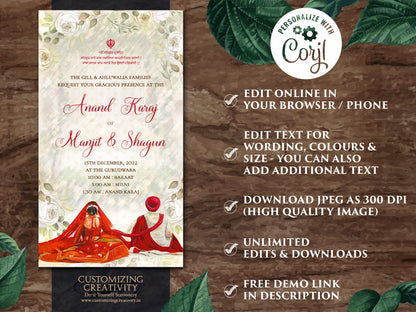 Punjabi invitations as Punjabi Wedding card, Sikh invitation, Anand Karaj invites & Sikh invites, Sikh Wedding cards as Sikh wedding invites