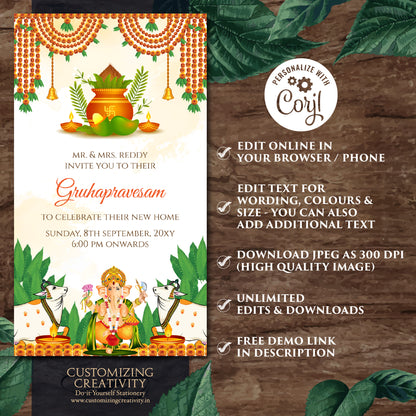 Tamil Housewarming invite Telugu Gruhapravesham invitation, Indian Housewarming invite Digital Gruhapravesam invite & Grihapravesh invite