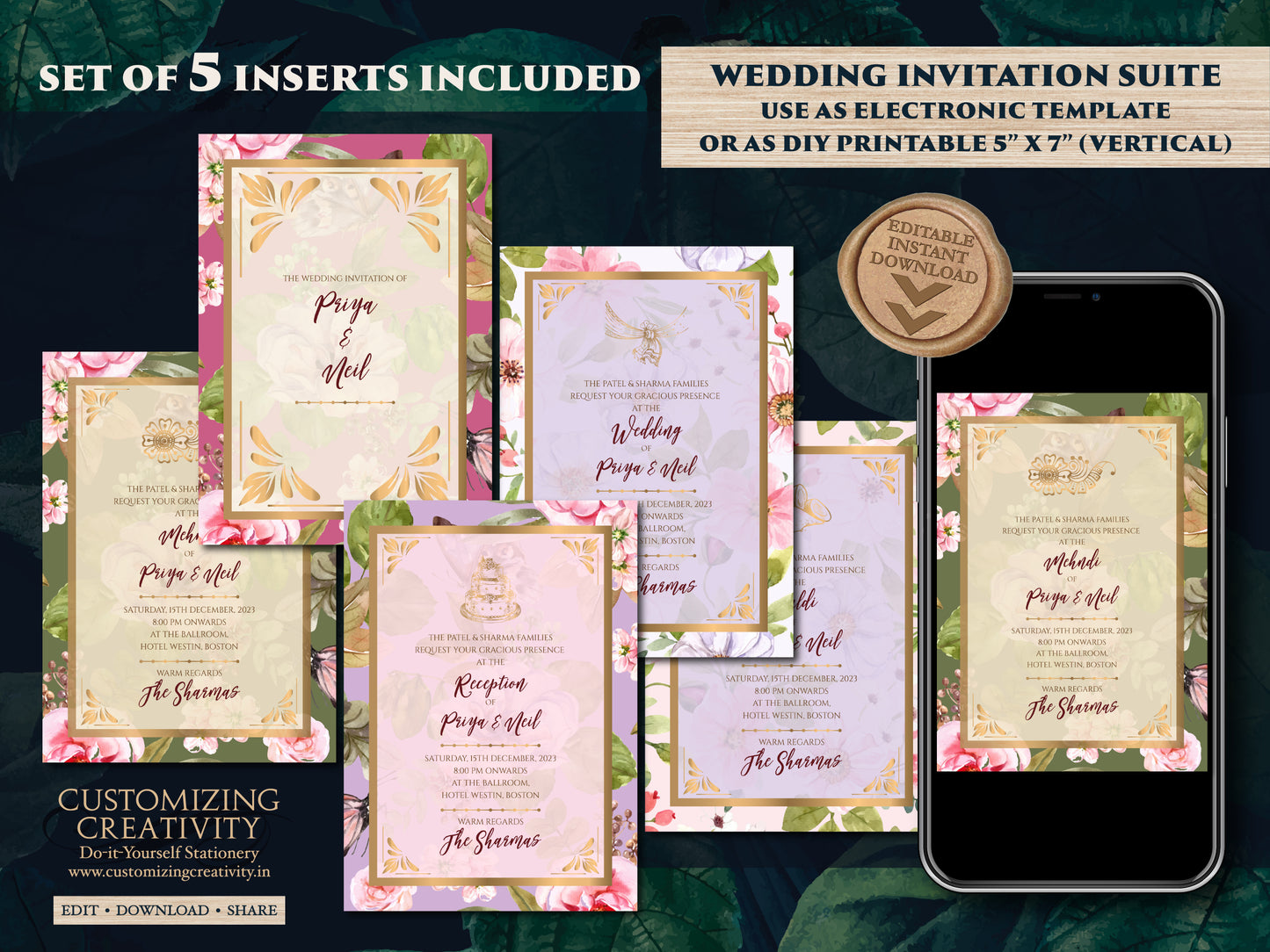 Indian invites Desi & Indian Invitations Digital, Floral Hindu Wedding invitations as Indian Wedding card Hindu, Electronic Hindu invitation