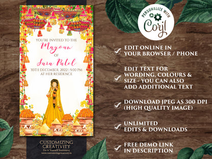 Mayoun invites & Mayun invitations, Digital Mayoun cards as Mayoon invites, Mayoon invitation as Digital Haldi invite, Digital Maiyan invite