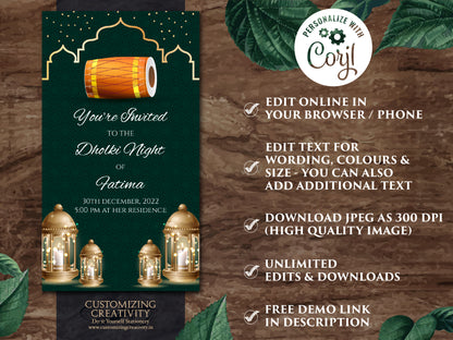 Dholki Invite Digital as Dholak night invitation Muslim, Pakistani Dholki invite electronic & Muslim Dholak invitation, Bridal Dholki invite