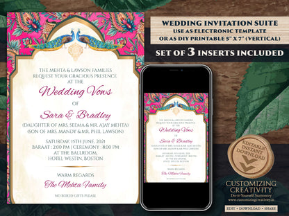 Paisley Wedding Invitation Template Download for a Boho Indian Wedding Peacock Invitation Suite, Modern, Elegant DIY Editable Wedding Invite