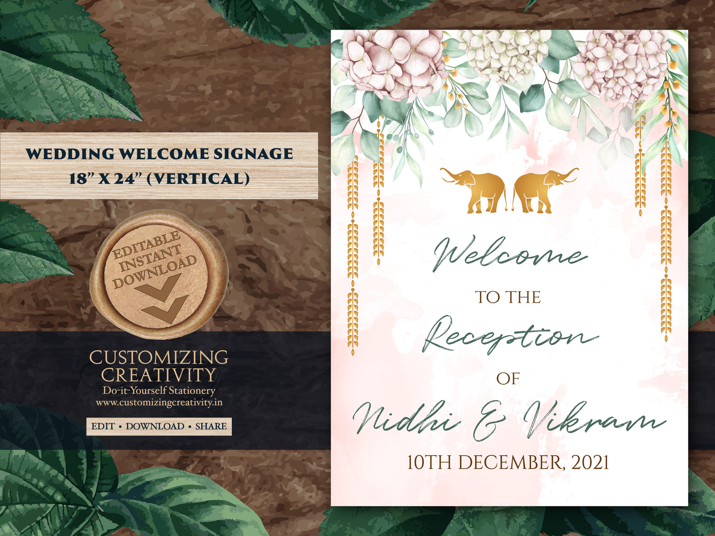Reception Welcome Signs as Indian Wedding Welcome Sign Elephant, Reception sign Floral as Hindu Welcome Sign Pastel, Elephant Welcome Indian