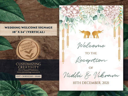 Reception Welcome Signs as Indian Wedding Welcome Sign Elephant, Reception sign Floral as Hindu Welcome Sign Pastel, Elephant Welcome Indian