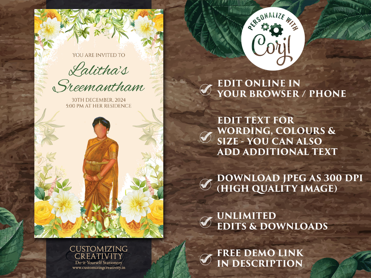 Sreemantham invite as Seemantham invitation, South Indian Baby Shower invite as Godh Bharai invite, Valaikappu Seemantham invite Godh bharai