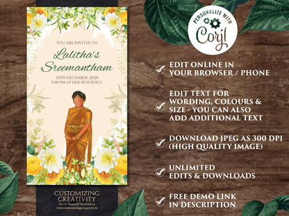 Sreemantham invite as Seemantham invitation, South Indian Baby Shower invite as Godh Bharai invite, Valaikappu Seemantham invite Godh bharai