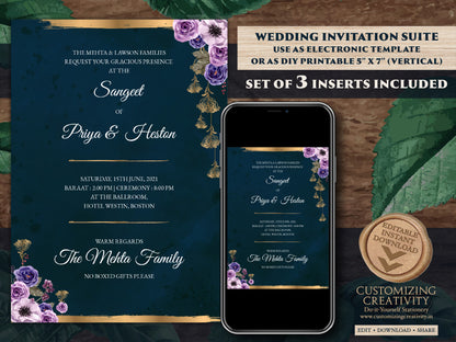 Jewel Tone Wedding Invitation Download for Fall Wedding Invitation, Fall Invitation Suite Navy, Emerald & Pink Wedding Invite Fall Wedding