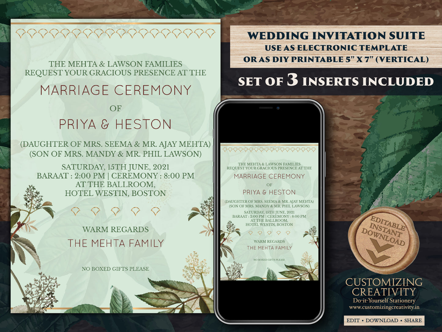Garden Wedding Invites as Greenery Wedding card Garden, Botanical Invitations Pastel, Indian Wedding invites & Hindu Wedding cards Digital