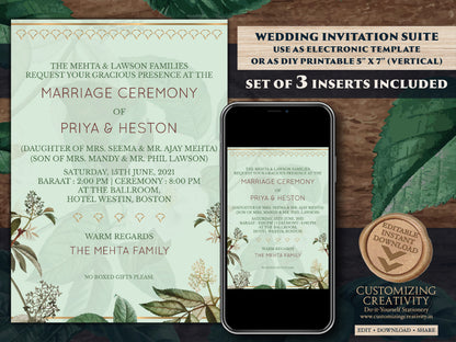 Garden Wedding Invites as Greenery Wedding card Garden, Botanical Invitations Pastel, Indian Wedding invites & Hindu Wedding cards Digital