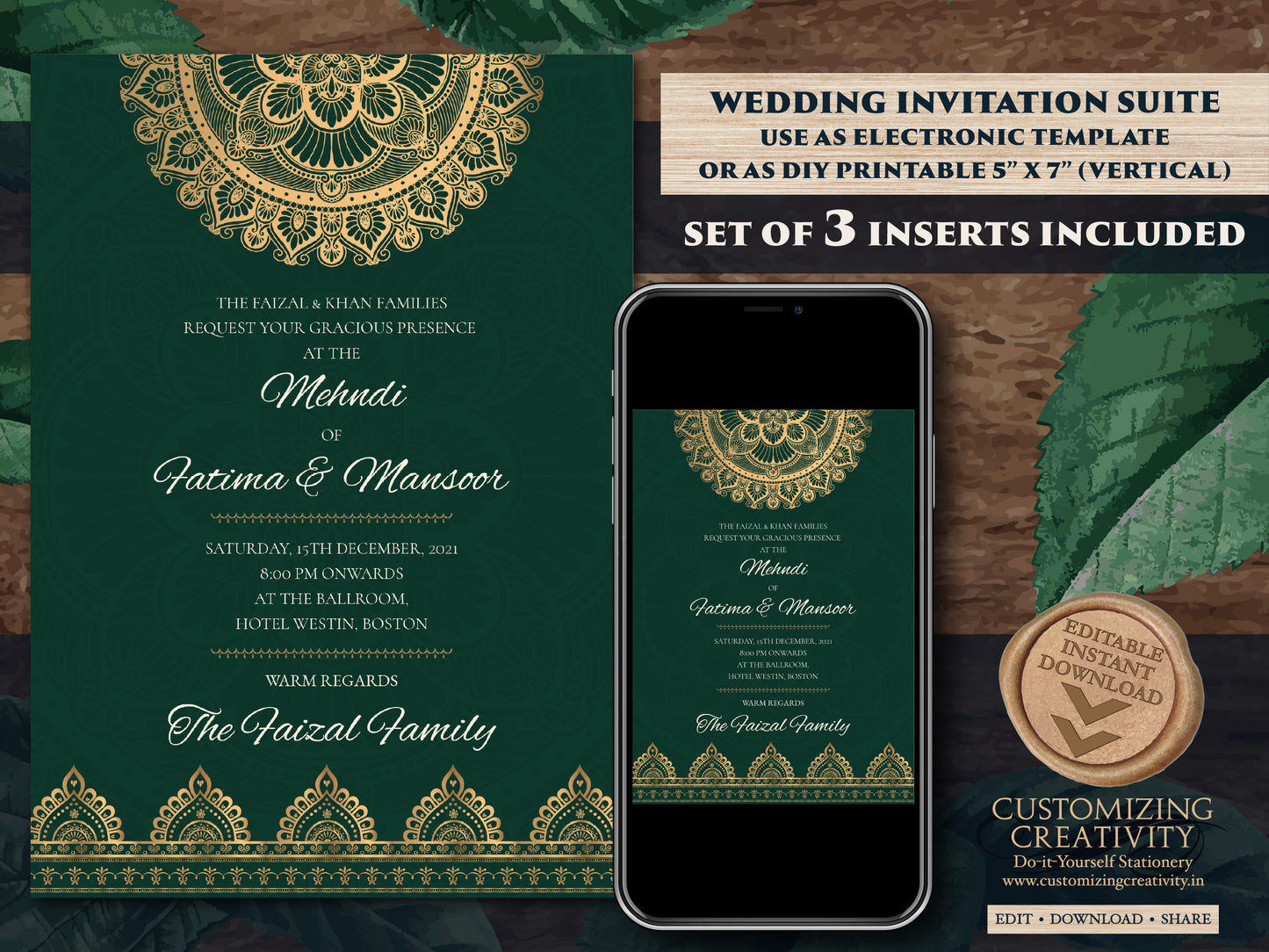 Mandala invitations Jewel tone as Arabic invites Emerald green, Muslim Nikkah invite as Nikah invitations Green, Muslim invite cards Emerald