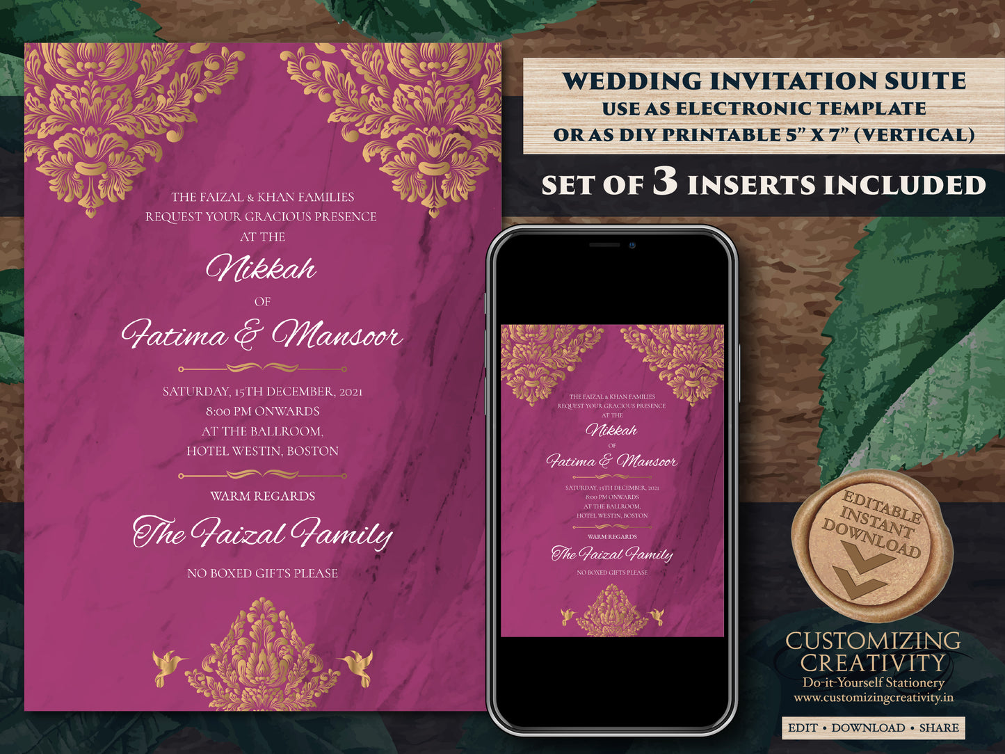 Emerald Green & Gold Nikah invite as Arabic Wedding card, Nikkah Invitation and Muslim invitation, Gold and Emerald Muslim Wedding invites