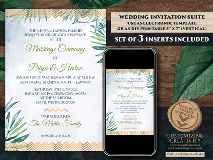 Tropical Wedding as Beach Wedding invitations, Spring Wedding cards, Summer Invite Destination Wedding & Indian Wedding invites Hindu cards