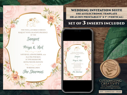 Indian invitations Elephant as Floral cards Elephant Hindu wedding, Pastel Invitations as Elephant Wedding Invite Indian Floral, Shaadi Card