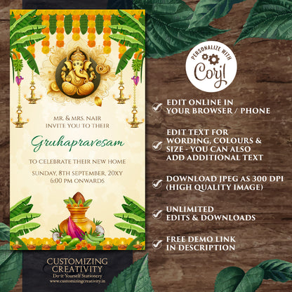 Telugu Housewarming invite Tamil Gruhapravesham invitation, Indian Housewarming invite Digital Gruhapravesam invite & Grihapravesh invite