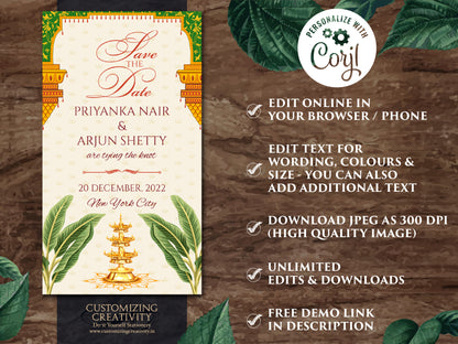 Save the date South Indian Wedding as Digital Save the date Tamil, Kalyanam Save the dates Hindu & South Indian Save the Date Telugu Wedding