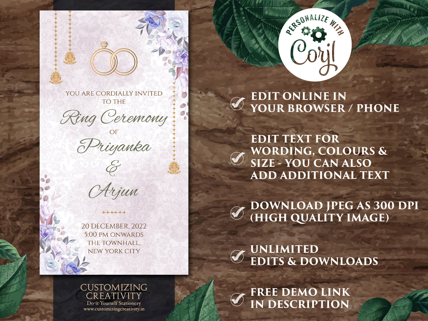 Ring Ceremony invite Spring as Summer Engagement template Indian, Digital Ring Ceremony cards Floral & WhatsApp Engagement invitations Hindu