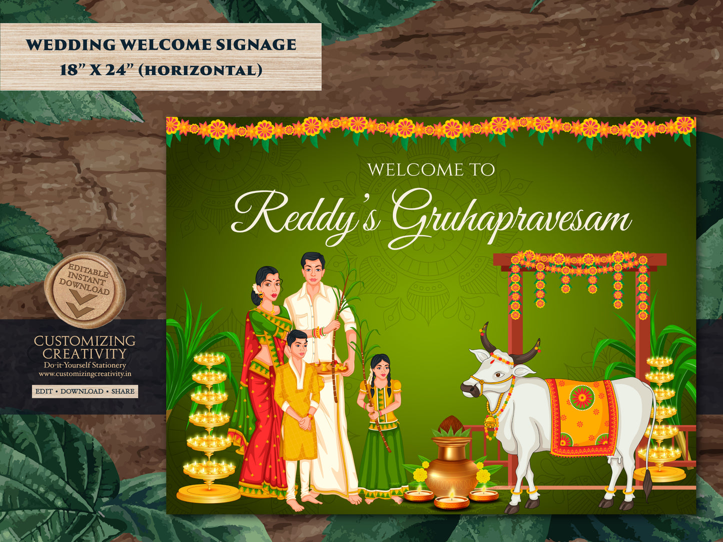 Gruhapravesam sign with cow & Gruhapravesham sign, Indian Housewarming poster as Telugu Housewarming welcome sign, Indian Housewarming board