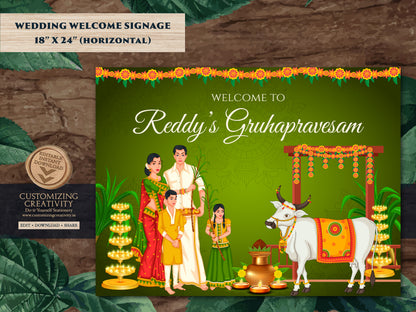 Gruhapravesam sign with cow & Gruhapravesham sign, Indian Housewarming poster as Telugu Housewarming welcome sign, Indian Housewarming board