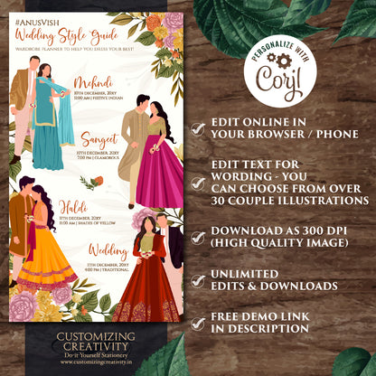 Indian Wardrobe Planner Hindu Wedding Program, Indian Wedding Program & Digital Indian wedding itinerary as Digital Indian wedding Timeline