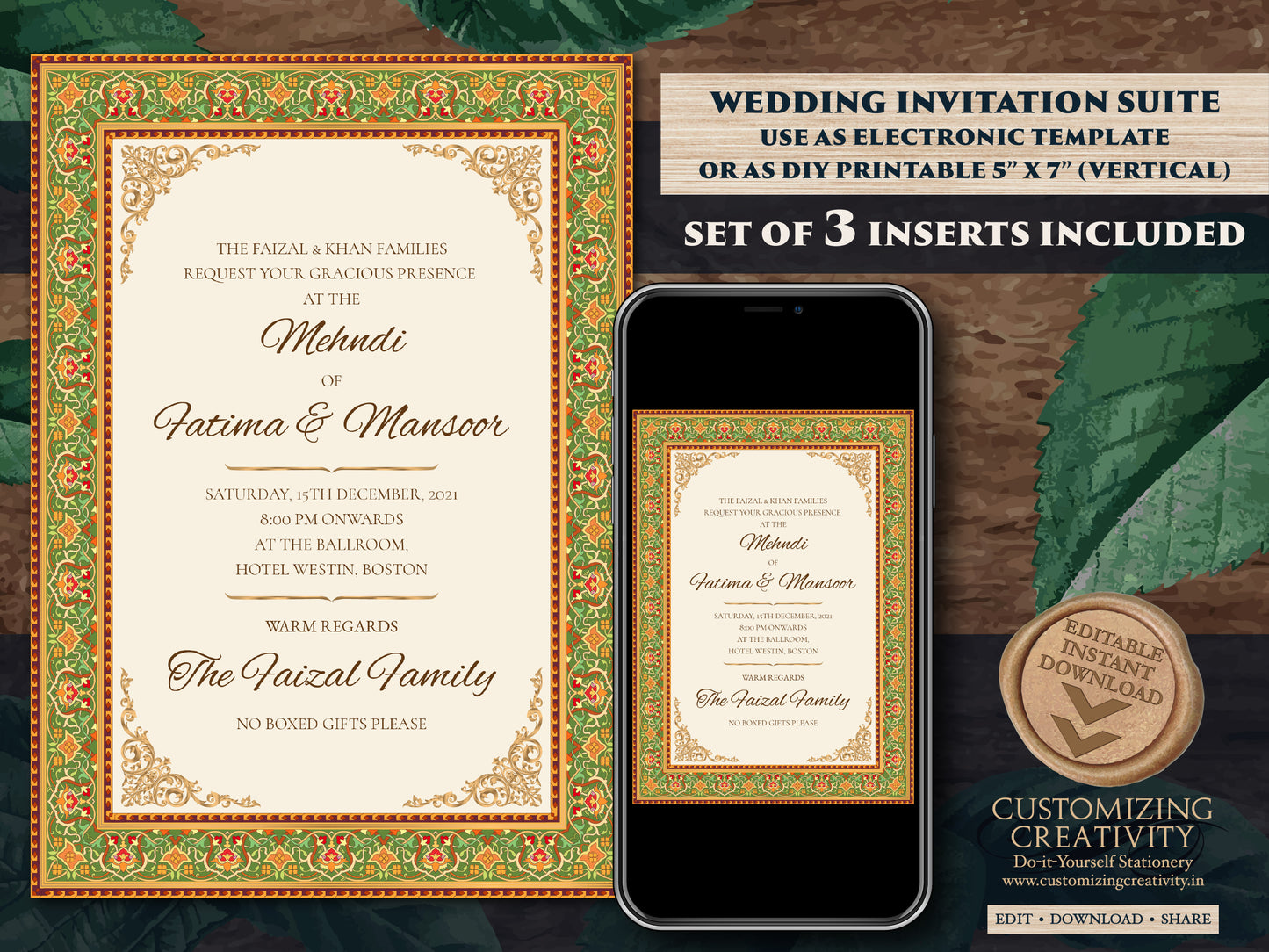 Muslim Wedding invitation as Arabic Wedding Shaadi Card, Nikkah invite, Nikah invitation as Arabic invite, Muslim invite as Mehndi invite