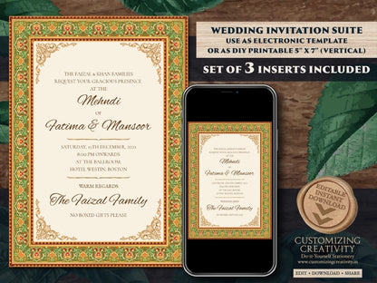 Muslim Wedding invitation as Arabic Wedding Shaadi Card, Nikkah invite, Nikah invitation as Arabic invite, Muslim invite as Mehndi invite