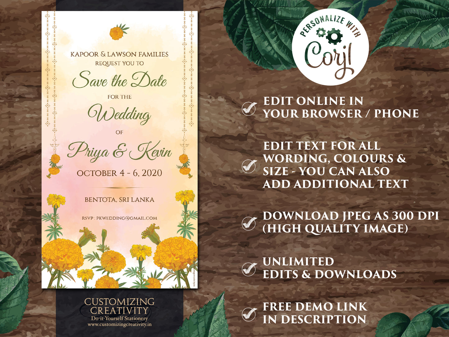 Marigold Save the date Electronic as Indian Save the Date Orange, Hindu Wedding Save the Date Genda Phool invite & WhatsApp Save the Dates