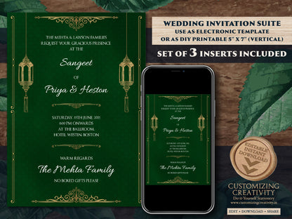 Jewel Tone Wedding Invitation Download for Fall Wedding Invite, Moroccan Invitation Suite Navy, Emerald & Burgundy Wedding, Arabic Wedding