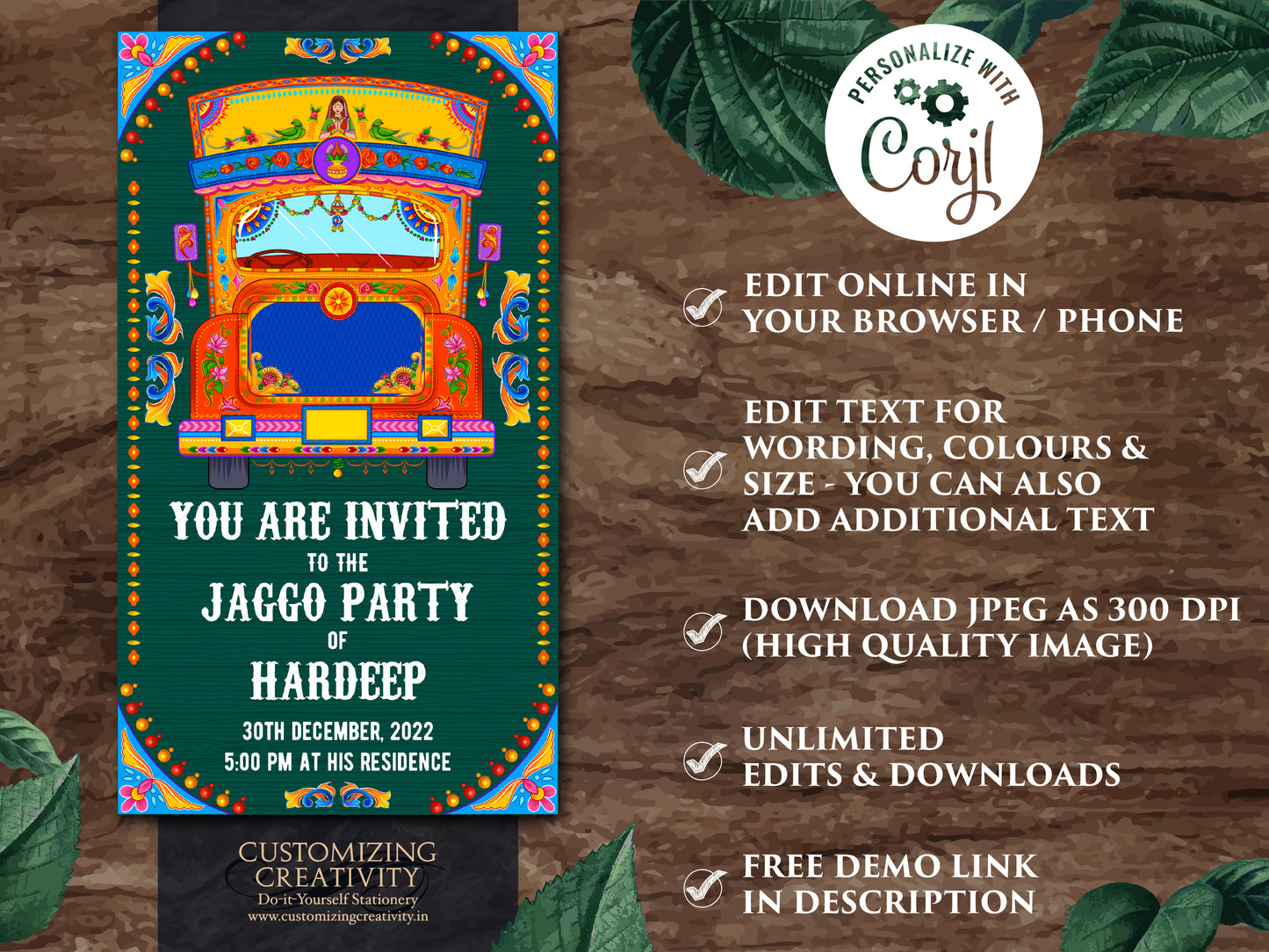 Jago Party invite & Bollywood party invite digital, Jaggo invites as Indian truck art invites, Jaggo Night invites, Punjabi party invitation