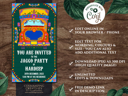 Jago Party invite & Bollywood party invite digital, Jaggo invites as Indian truck art invites, Jaggo Night invites, Punjabi party invitation