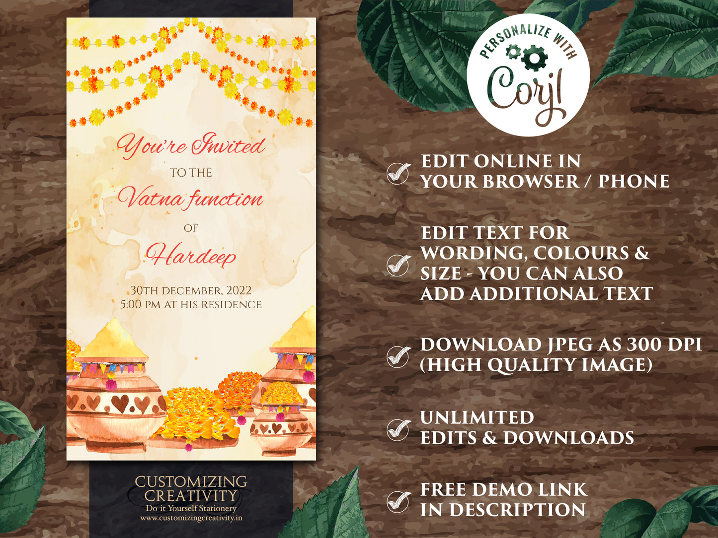 Vatna invites as Digital Haldi invites Indian, South Indian Pellikuthuru invitation & Digital Maiyan invites Pithi invitations, Pithi invite