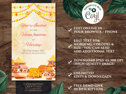 Vatna invites as Digital Haldi invites Indian, South Indian Pellikuthuru invitation & Digital Maiyan invites Pithi invitations, Pithi invite