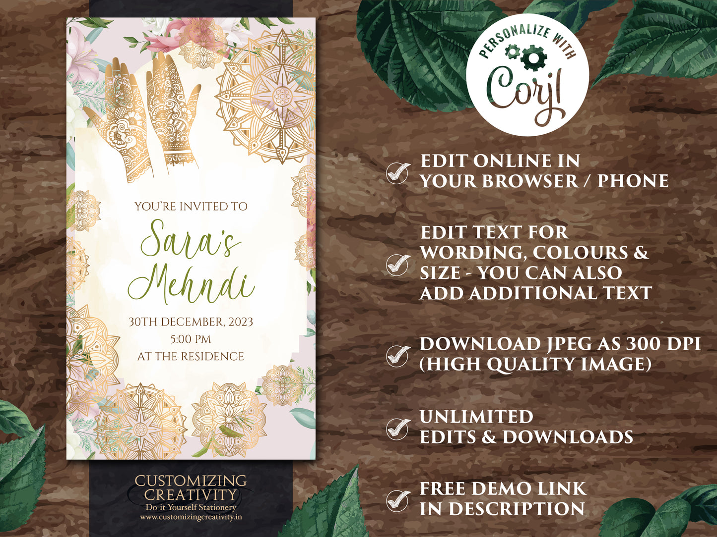 Mehndi invitations as Mendhi invites, Mehendi invitations as Henna Party invites Mehndi Invites, Mendhi Night invite & Digital Mehndi invite