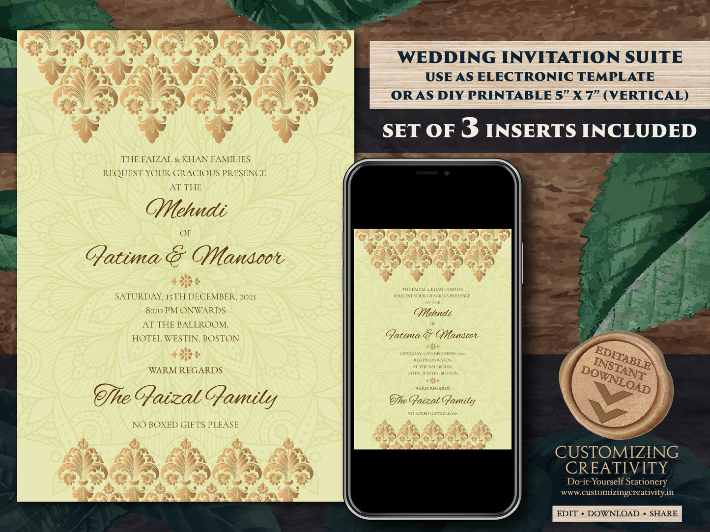 Muslim invitation as Royal Wedding Card, Shaadi invitations Mehndi as Desi Wedding card Gold, Digital Nikah invitation Muslim Wedding cards
