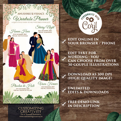 Digital Indian Wedding Wardrobe Planner Hindu Program, Indian Wedding Program & Indian wedding itinerary as Digital Indian wedding Timeline