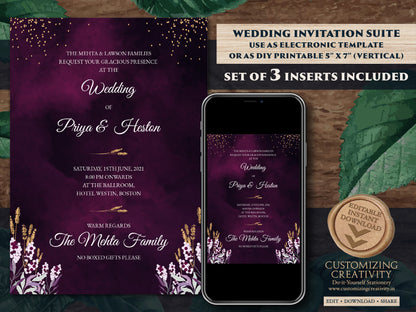 Jewel Tone Wedding Invitation Download for Fall Wedding Invitation, Fall Invitation Suite in Navy, Emerald & Deep Purple Wedding Invite Fall