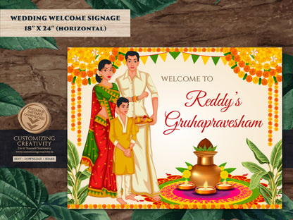 Gruhapravesam poster & Grihapravesh sign, Gruhapravesham sign Indian Housewarming welcome sign, Grah Shanti welcome sign Indian Pooja sign