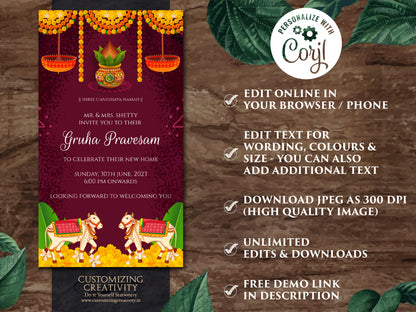 Pooja invite as Gruha pravesh invite, Griha pravesh invite as Housewarming invite, Gruhapravesam invitation & Indian Housewarming invitation