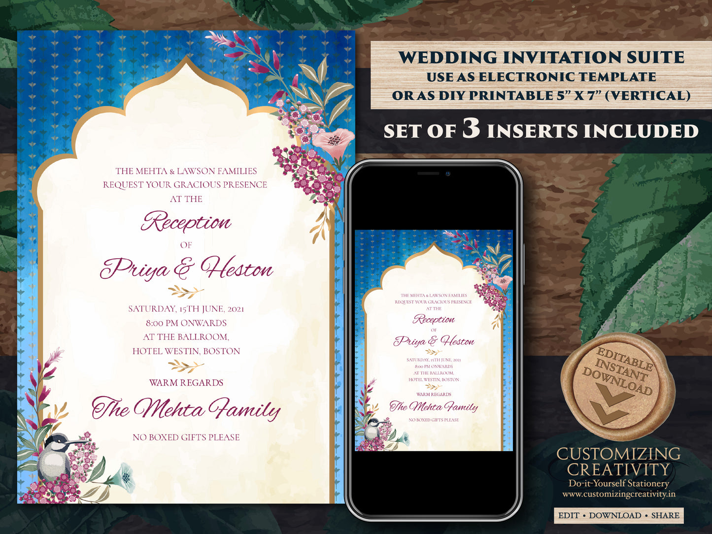 Jewel Tone Wedding Invitation Template Download for Boho Indian Wedding, Royal Invitation Suite Indian invitation card with Jewel Tones