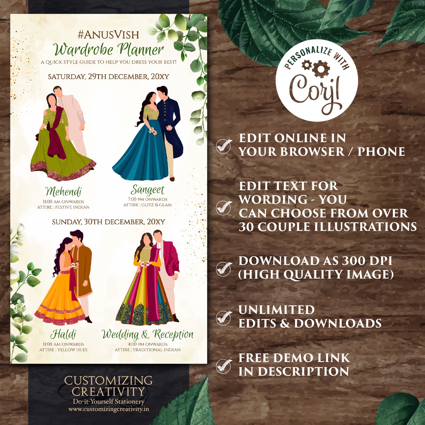 Indian Wedding Wardrobe Planner Hindu Wedding Program, Indian Wedding Program & Indian wedding itinerary as Digital Indian wedding Timeline
